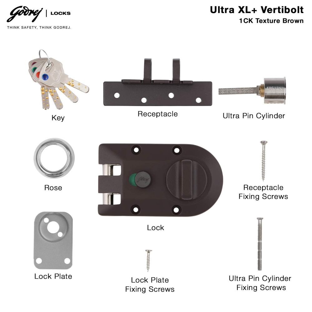 Godrej Rim Lock l Vertibolt Ultra XL plus   I 1CK Deadbolt l For Inside Opening, Double and Sliding Wooden Doors l Left or Right-Handed Doors l 4 Keys Manual Locking I Textured Brown Finish | 5-Year Warranty